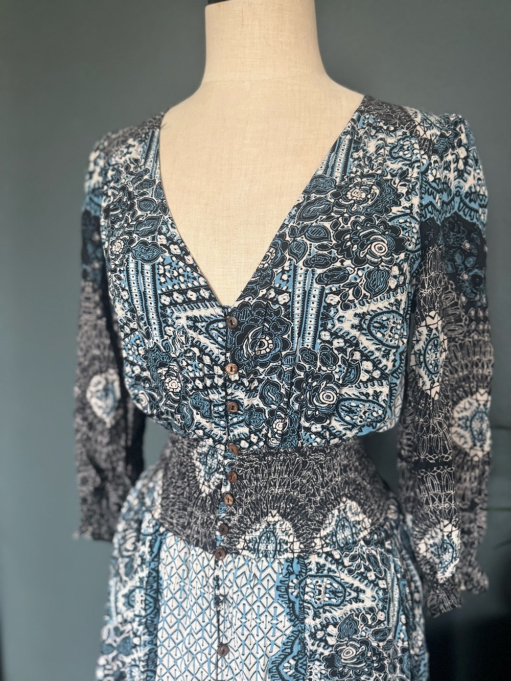 Free People Teal and Black Paisley V-Neck Maxi Dress - Picture 2 of 4